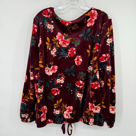 LOFT Floral Burgundy Velvet Long Sleeve Top Tie bottom womens long sleeve sz XL - Picture 6 of 8